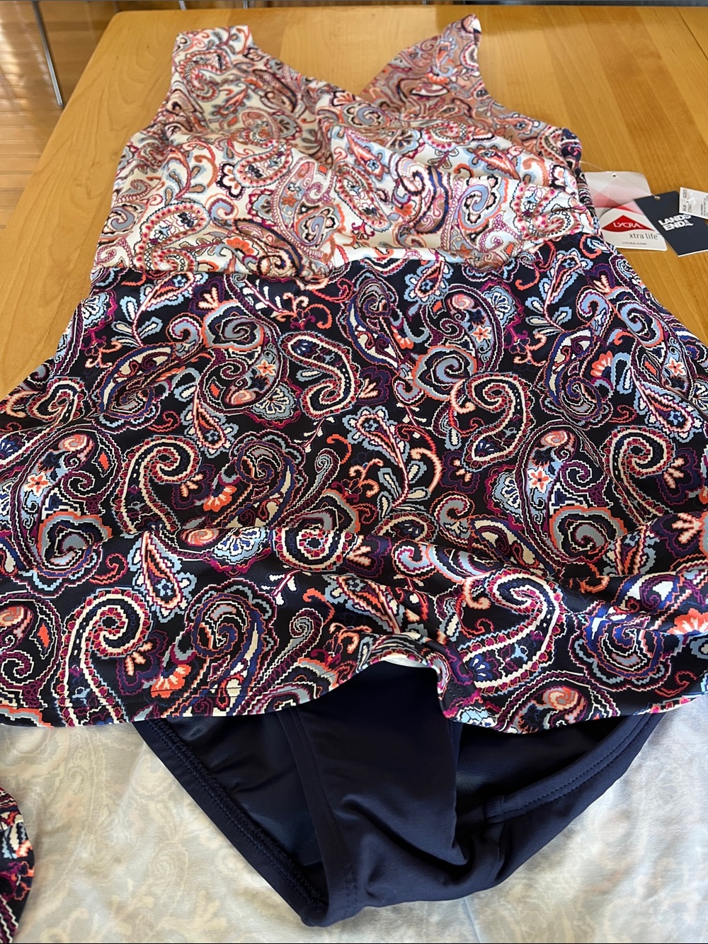 Lands' End Paisley One-Piece Swim Dress in Navy & Peach - Picture 3 of 4